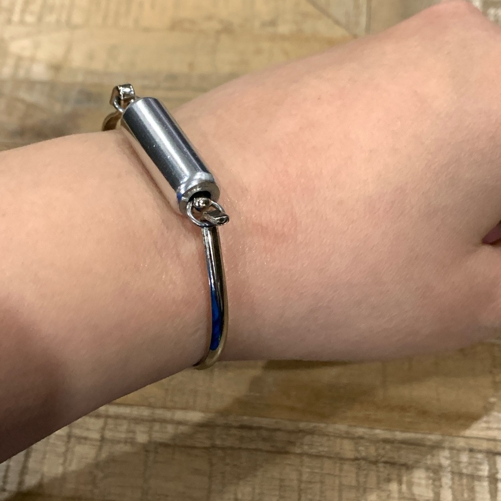 Modernist Silver Tone Cylinder Bar Hook Bangle Bracelet | Minimalist Industrial - Picture 7 of 7